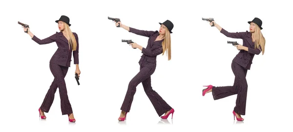 Young woman gangster with gun on white — Stock Photo, Image