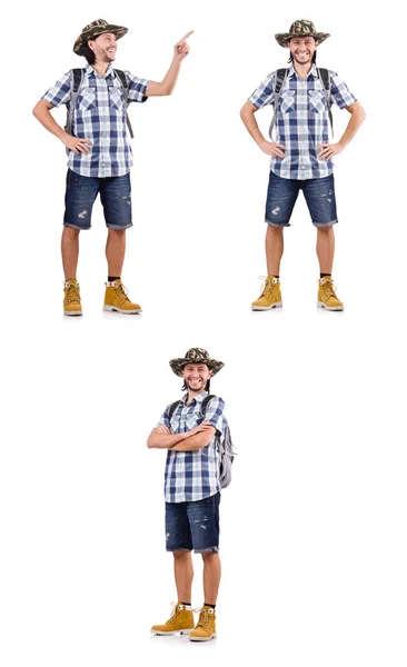 Young traveller pressing virtual button isolated on white — Stock Photo, Image