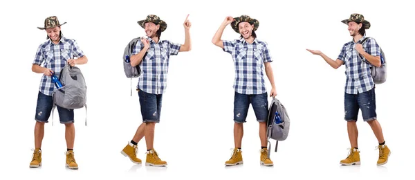 Viajero joven con mochila aislada en blanco — Foto de Stock