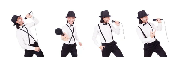 Homem engraçado cantando isolado no branco — Fotografia de Stock