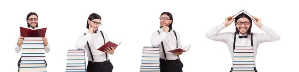 Estudante engraçado com livros isolados em branco — Fotografia de Stock