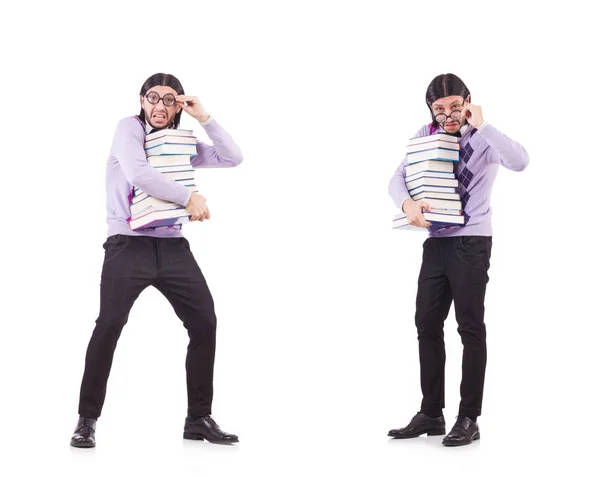 Kitapları beyaza saklanmış komik bir öğrenci. — Stok fotoğraf
