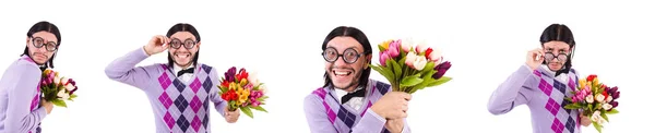 Man met tulpen geïsoleerd op wit — Stockfoto