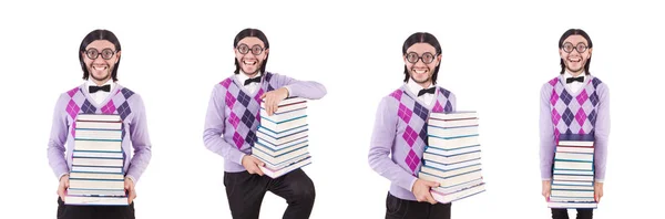 Zabawny student z książkami odizolowanymi na białym — Zdjęcie stockowe
