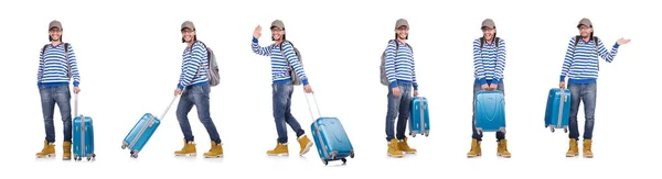 Viajero joven con maleta aislada en blanco — Foto de Stock