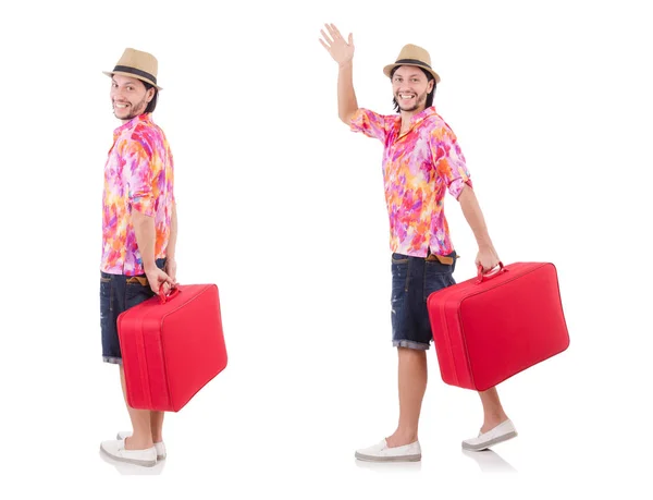 Turista con valigia isolata su bianco — Foto Stock