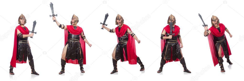 Gladiator holding sword isolated on white