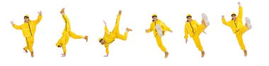 Sarı elbiseli modern dansçı, beyaz tenli.