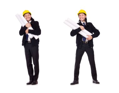 Genç inşaat mimarı beyazın üzerinde izole edilmiş.