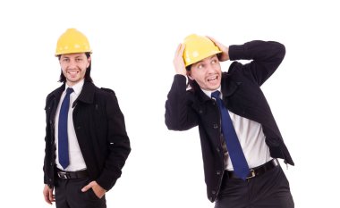 Genç inşaat mimarı beyazın üzerinde izole edilmiş.