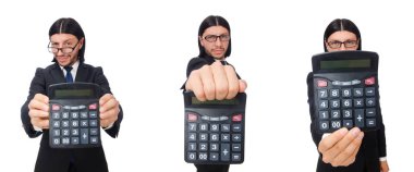 Hesap makinesi olan adam beyazda izole edildi