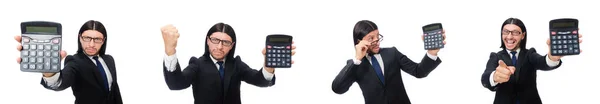 Człowiek z kalkulatorem odizolowany na białym — Zdjęcie stockowe