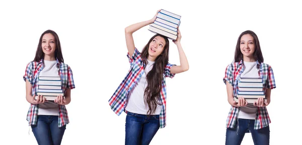 Student girl with many books on white — Stock Photo, Image