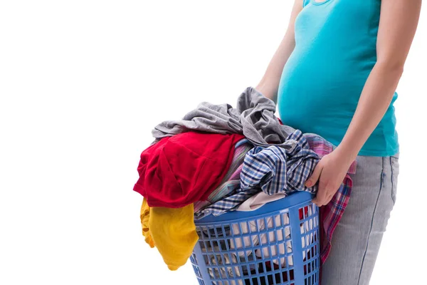 Žena držící košík špinavého oblečení vyžadující praní — Stock fotografie
