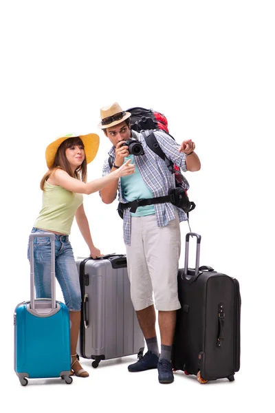 Young family preparing for vacation travel on white — Stock Photo, Image