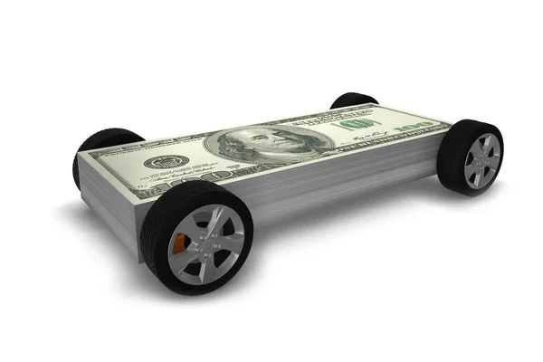 Carro coberto com nós dólares - renderização 3d — Fotografia de Stock