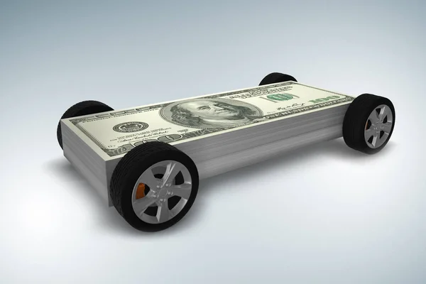 Carro coberto com nós dólares - renderização 3d — Fotografia de Stock