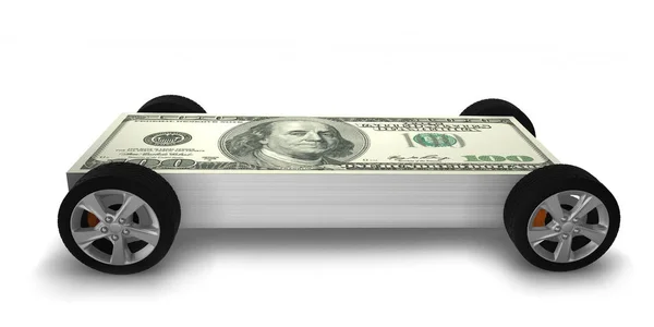 Bil täckt med oss dollar - 3d rendering — Stockfoto