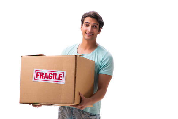 Young handsome man with fragile box ordered from Internet 