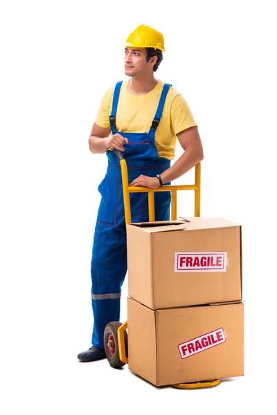 Young contractor with fragile boxes isolated on white — Stock Photo, Image
