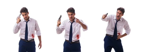 Uomo d'affari ferito in sparatoria isolato su bianco — Foto Stock