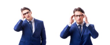 Beyaz arka plan üzerinde izole genç hasta ve mutsuz işadamı