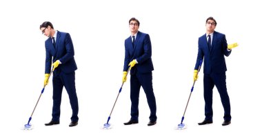 Genç yakışıklı işadamı ile üzerine beyaz izole paspas 