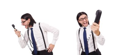 Beyaz izole telefon ile kızgın işadamı