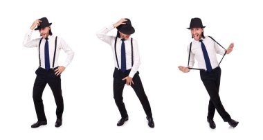 Şapka ve beyaz izole jartiyer giymiş adam