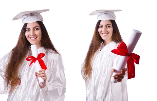 Absolvent dívka s diplomem izolované na bílém — Stock fotografie