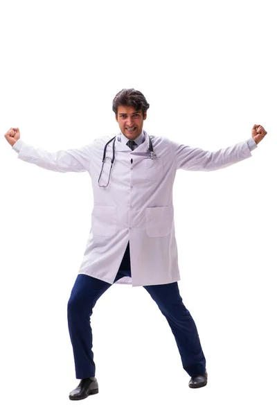 Young handsome doctor under pressure isolated on white — Stock Photo, Image