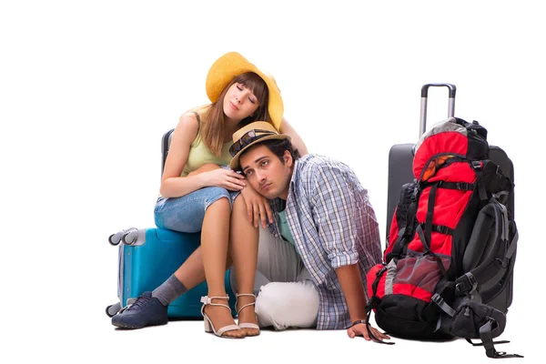 Young family preparing for vacation travel on white — Stock Photo, Image