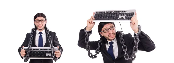 Бизнесмен с клавиатурой изолирован на белом — стоковое фото