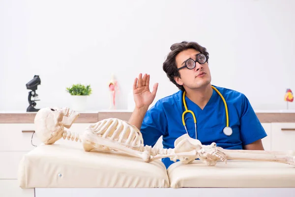 Zabawny lekarz ze szkieletem w szpitalu — Zdjęcie stockowe