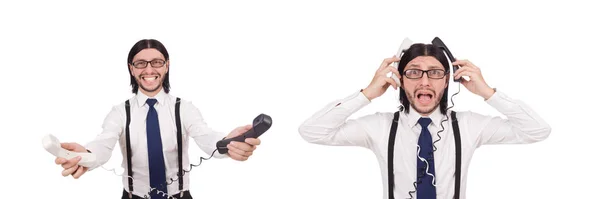Podnikatel je mluvit do telefonu, izolované na bílém — Stock fotografie