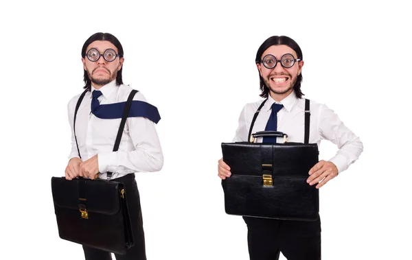 Mladý podnikatel drží kufřík izolovaný na bílém — Stock fotografie