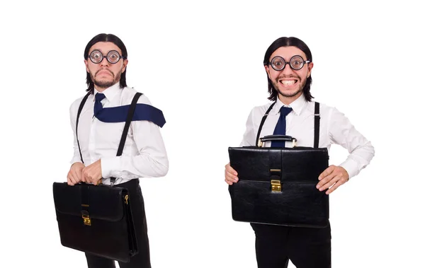 Jovem empresário segurando pasta isolada em branco — Fotografia de Stock