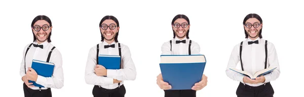 Giovane uomo divertente woth libro isolato su bianco — Foto Stock