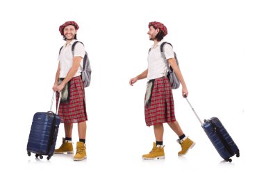 İskoç eteği beyaz izole çanta adam