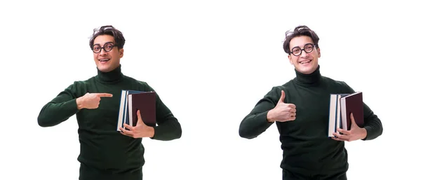 Nerd jeune étudiant avec des livres isolés sur blanc — Photo