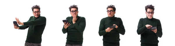 Nerd young man with calculator isolated on white — Stock Photo, Image