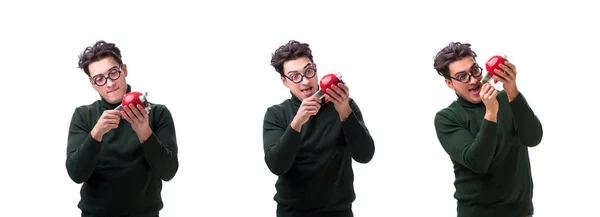 Nerd young man with piggybank isolated on white — Stock Photo, Image
