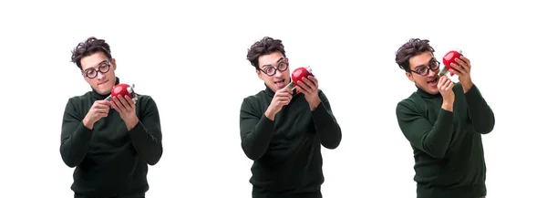 Nerd jongeman met spaarvarken geïsoleerd op wit — Stockfoto