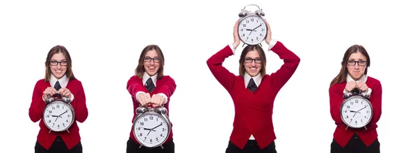 Büroangestellte hält Wecker isoliert auf weiß — Stockfoto