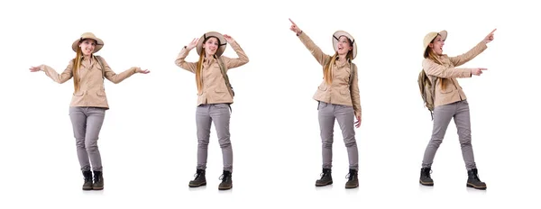 Woman wearing safari hat on white — Stock Photo, Image