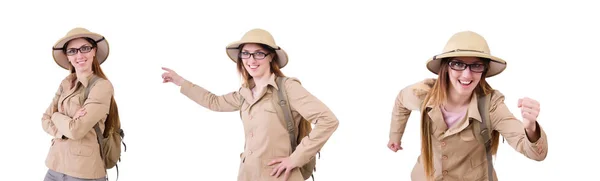 Femme portant un chapeau safari sur blanc — Photo