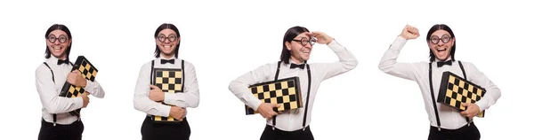 Funny man with chessboard isolated on white — Stock Photo, Image