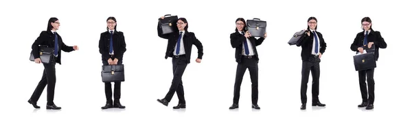 Молодой бизнесмен держит портфель изолированным на белом — стоковое фото
