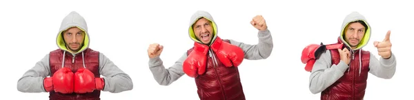 Hombre con guantes de boxeo aislados en blanco — Foto de Stock