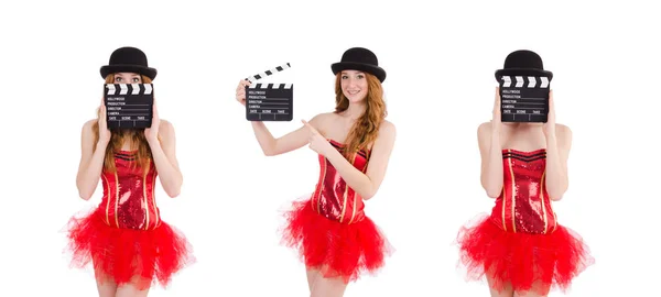 Young fairy with clapperboard isolated on white — Stock Photo, Image